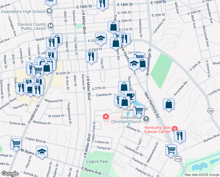 map of restaurants, bars, coffee shops, grocery stores, and more near 514 East 27th Street in Owensboro