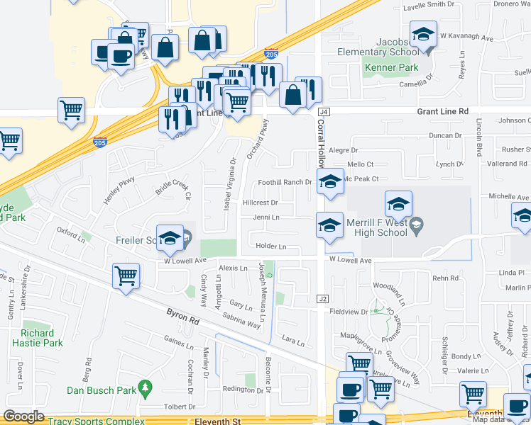 map of restaurants, bars, coffee shops, grocery stores, and more near 2175 Jenni Lane in Tracy