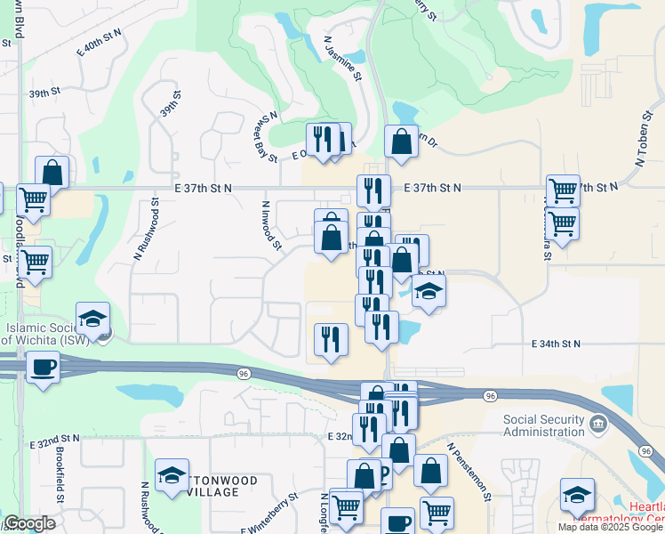 map of restaurants, bars, coffee shops, grocery stores, and more near 3615 North Rock Road in Wichita