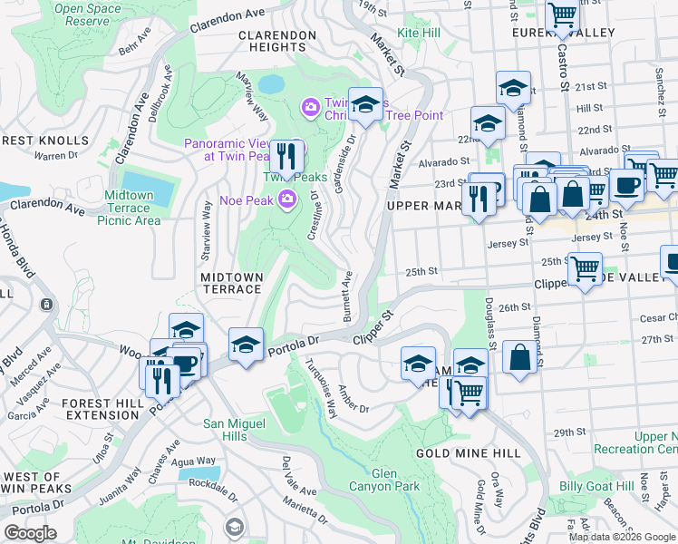 map of restaurants, bars, coffee shops, grocery stores, and more near 11 Crestline Drive in San Francisco
