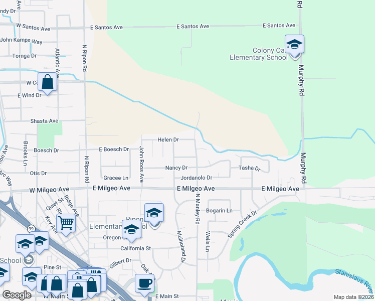 map of restaurants, bars, coffee shops, grocery stores, and more near 1101 Manley Road in Ripon