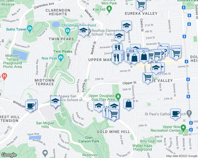 map of restaurants, bars, coffee shops, grocery stores, and more near 25th St & Fountain St in San Francisco