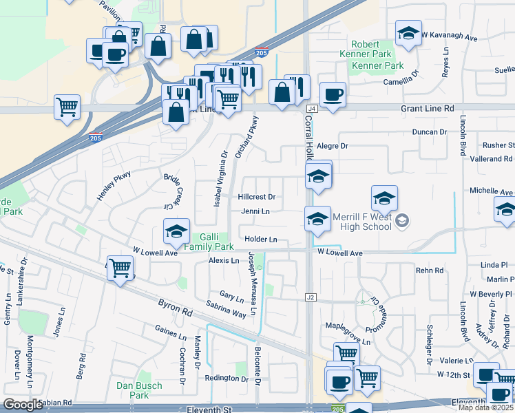map of restaurants, bars, coffee shops, grocery stores, and more near 2165 Jenni Lane in Tracy