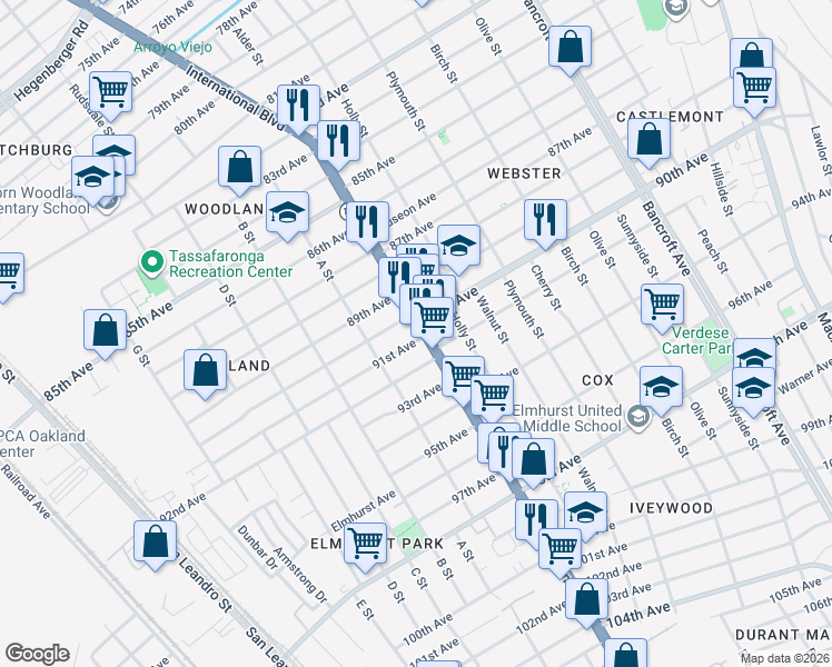 map of restaurants, bars, coffee shops, grocery stores, and more near 9027 International Boulevard in Oakland