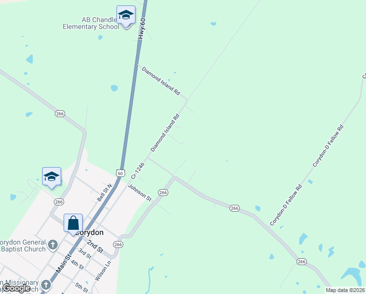 map of restaurants, bars, coffee shops, grocery stores, and more near 2920 Diamond Island Road in Corydon