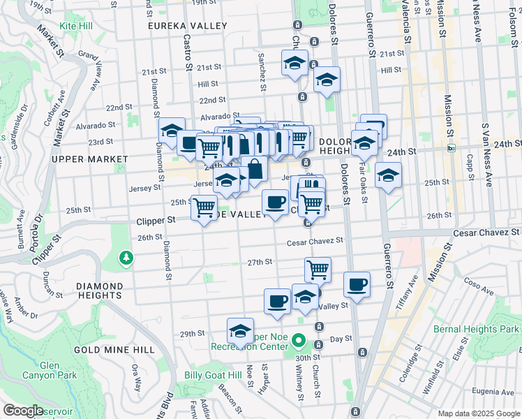 map of restaurants, bars, coffee shops, grocery stores, and more near 228 Clipper Street in San Francisco