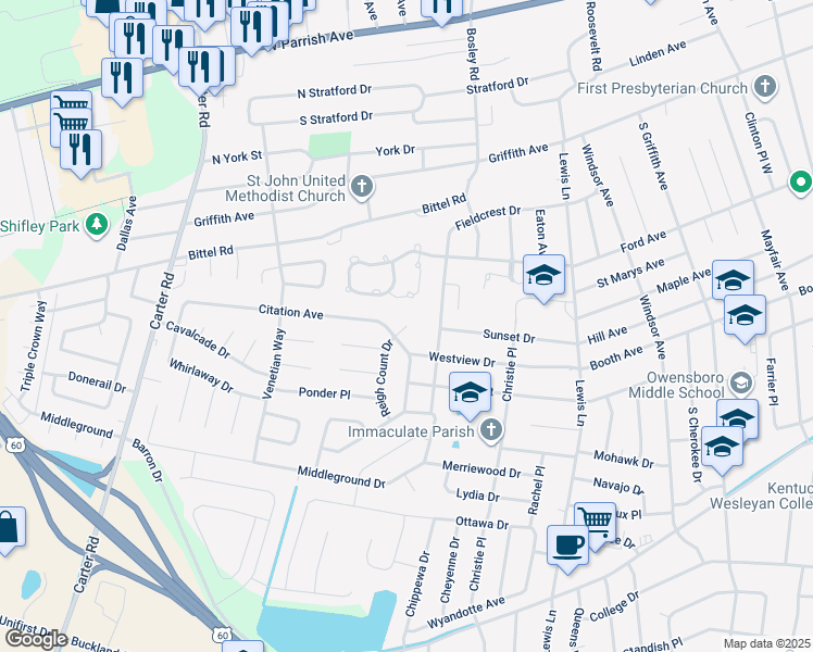 map of restaurants, bars, coffee shops, grocery stores, and more near 2201 Iron Leige Court in Owensboro