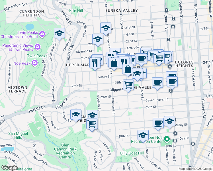 map of restaurants, bars, coffee shops, grocery stores, and more near 564 Clipper Street in San Francisco