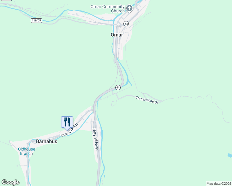 map of restaurants, bars, coffee shops, grocery stores, and more near County Highway 119/21 in Omar