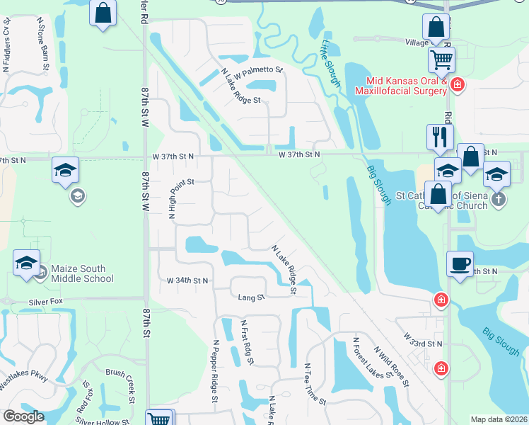 map of restaurants, bars, coffee shops, grocery stores, and more near 3640 Forest Ridge Court in Wichita