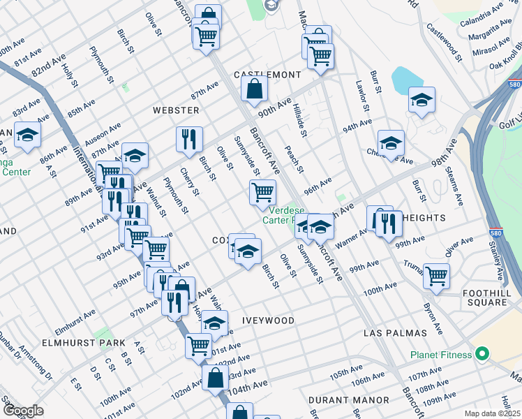 map of restaurants, bars, coffee shops, grocery stores, and more near 2020 96th Avenue in Oakland