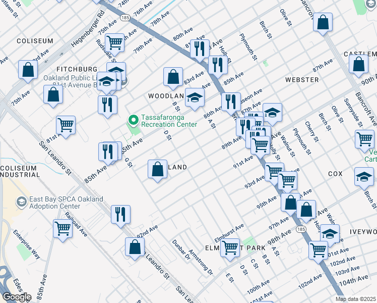 map of restaurants, bars, coffee shops, grocery stores, and more near 1140 88th Avenue in Oakland