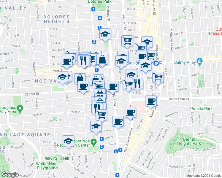map of restaurants, bars, coffee shops, grocery stores, and more near in San Francisco