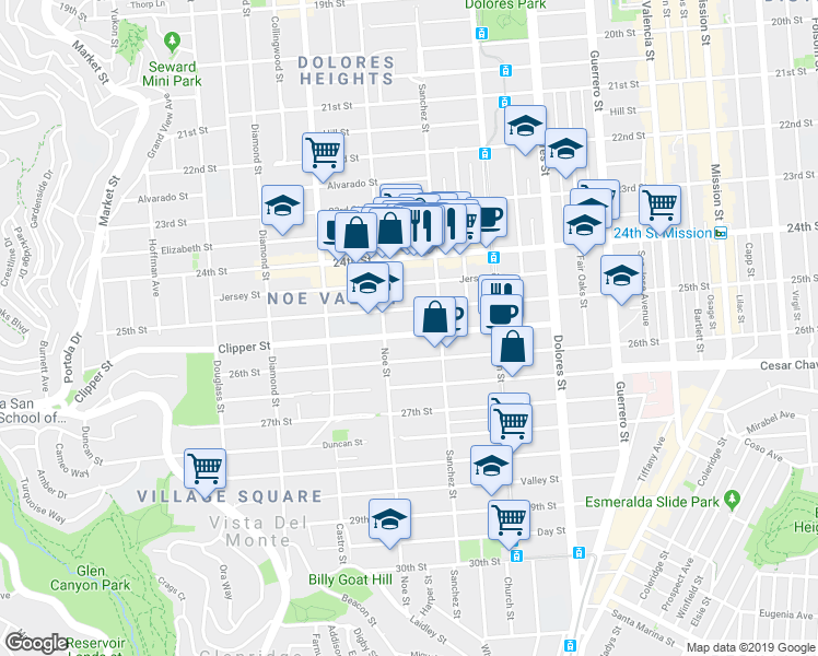 map of restaurants, bars, coffee shops, grocery stores, and more near 207 Clipper Street in San Francisco