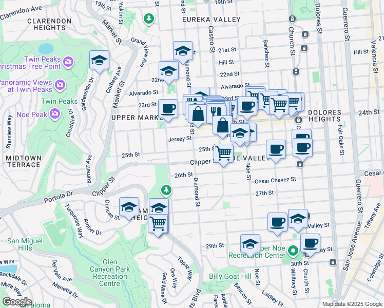 map of restaurants, bars, coffee shops, grocery stores, and more near 1045 Diamond Street in San Francisco