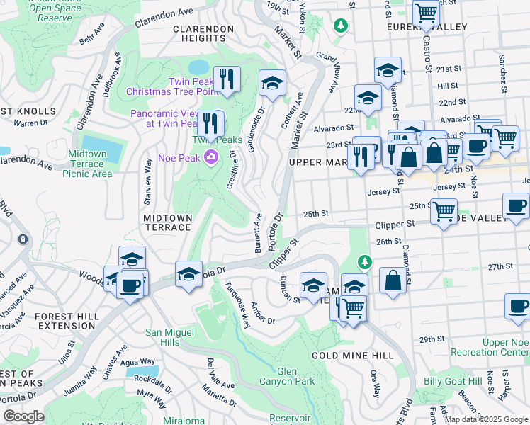 map of restaurants, bars, coffee shops, grocery stores, and more near 850 Burnett Avenue in San Francisco