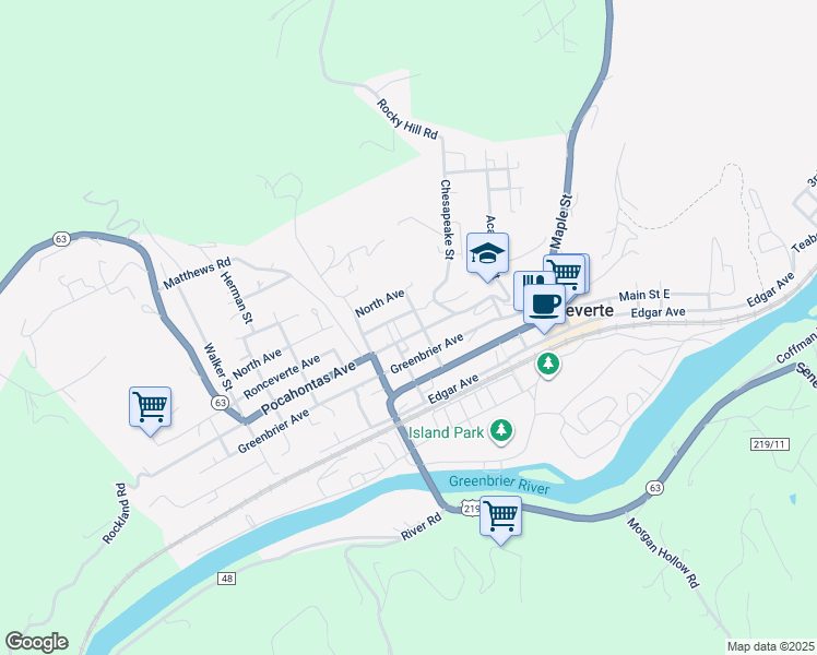 map of restaurants, bars, coffee shops, grocery stores, and more near 601-699 Pocahontas Avenue in Ronceverte