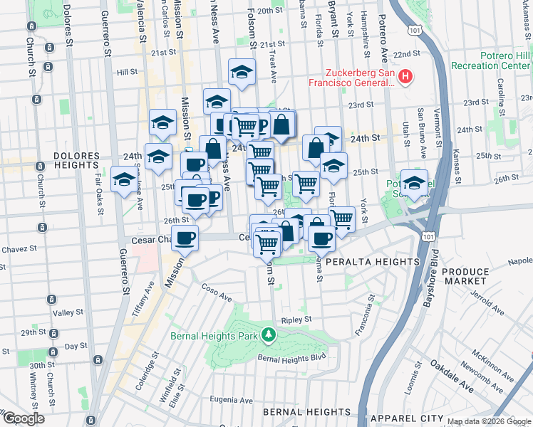 map of restaurants, bars, coffee shops, grocery stores, and more near Folsom St & 26th St in San Francisco