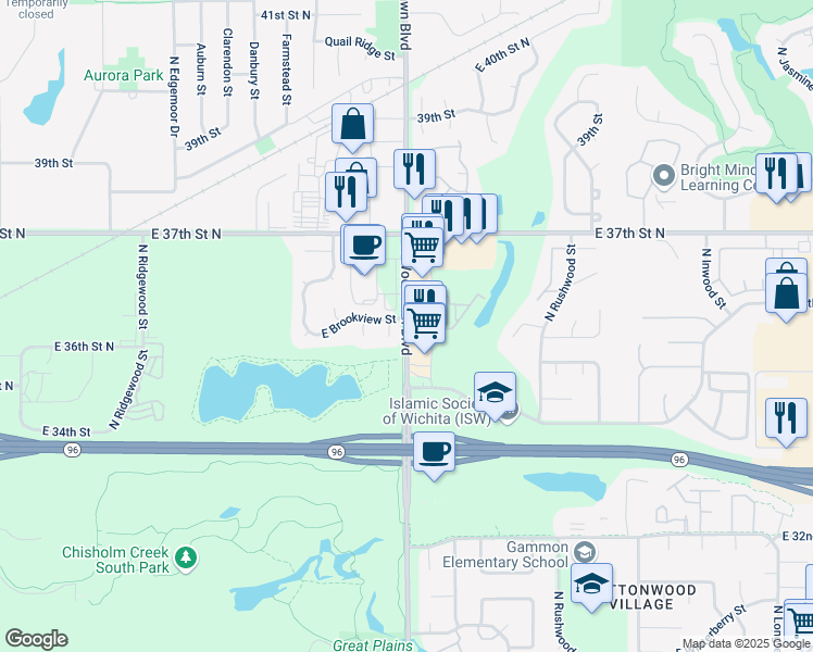 map of restaurants, bars, coffee shops, grocery stores, and more near 3641 North Woodlawn Boulevard in Wichita