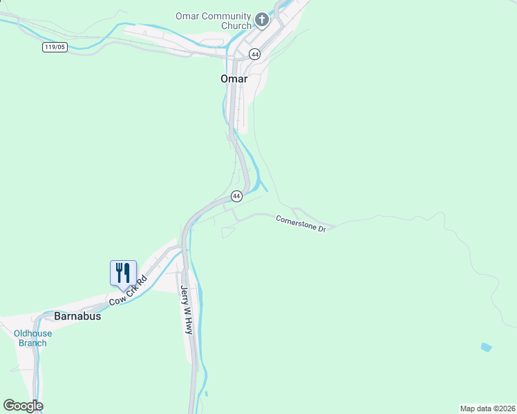 map of restaurants, bars, coffee shops, grocery stores, and more near County Highway 119/21 in Omar