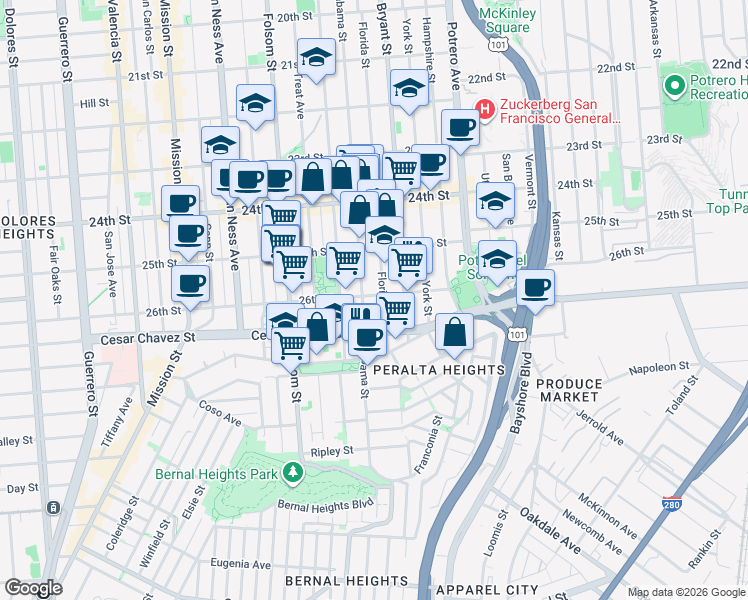 map of restaurants, bars, coffee shops, grocery stores, and more near 1437 Alabama Street in San Francisco