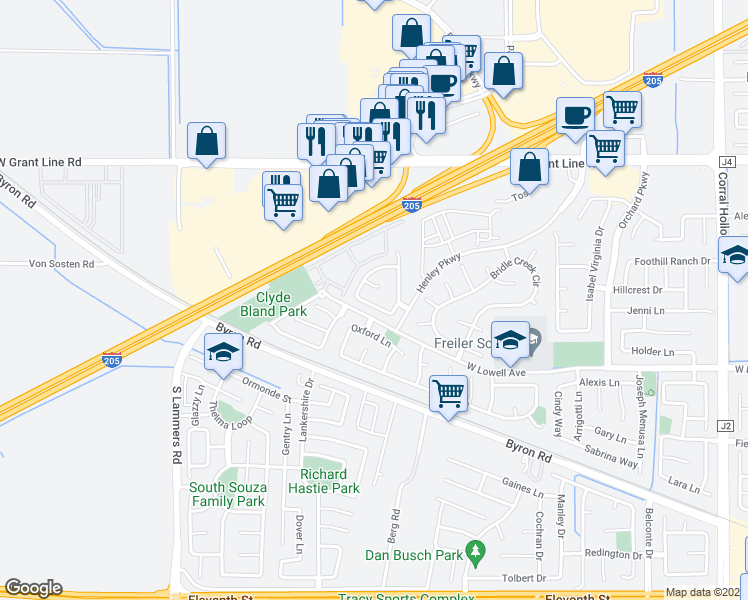 map of restaurants, bars, coffee shops, grocery stores, and more near 2833 Herford Lane in Tracy