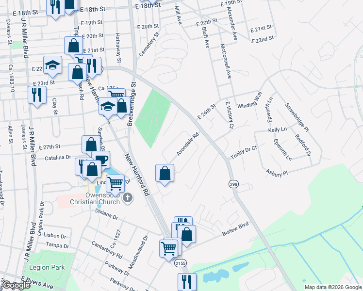 map of restaurants, bars, coffee shops, grocery stores, and more near 1222 Avondale Road in Owensboro