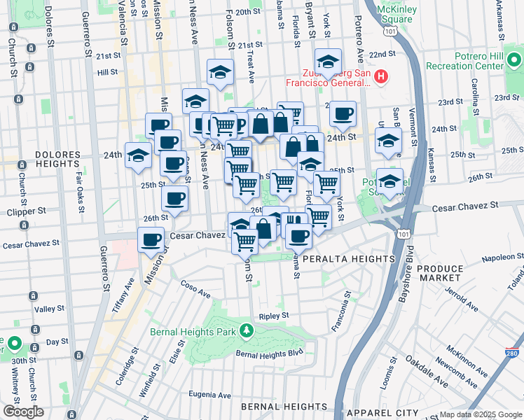 map of restaurants, bars, coffee shops, grocery stores, and more near 26th Street in San Francisco