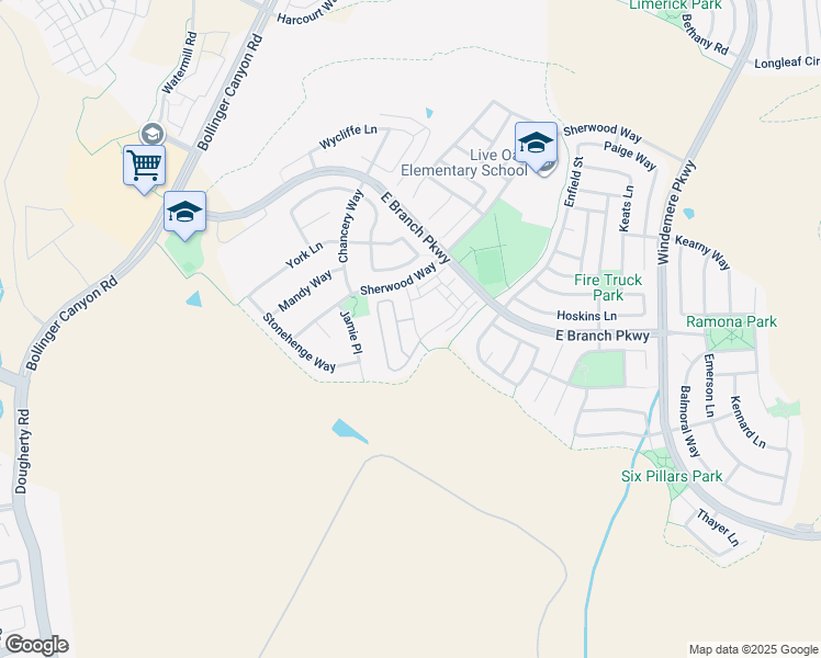 map of restaurants, bars, coffee shops, grocery stores, and more near 6395 Byron Lane in San Ramon