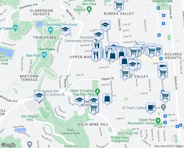 map of restaurants, bars, coffee shops, grocery stores, and more near 25th St & Homestead St in San Francisco