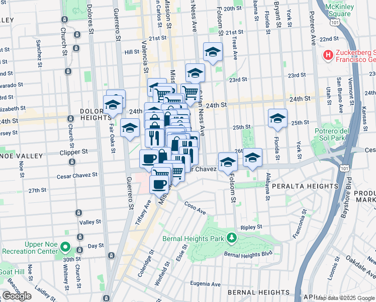 map of restaurants, bars, coffee shops, grocery stores, and more near 1088 Capp Street in San Francisco