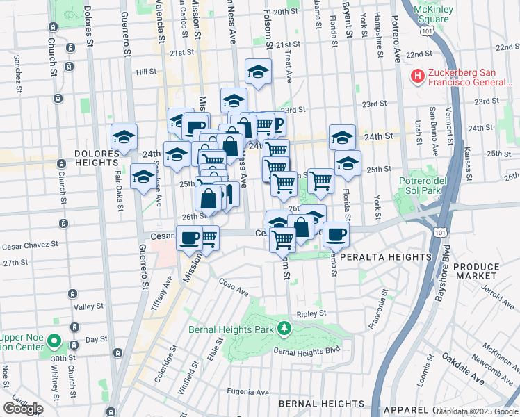 map of restaurants, bars, coffee shops, grocery stores, and more near 3251-3255 26th Street in San Francisco