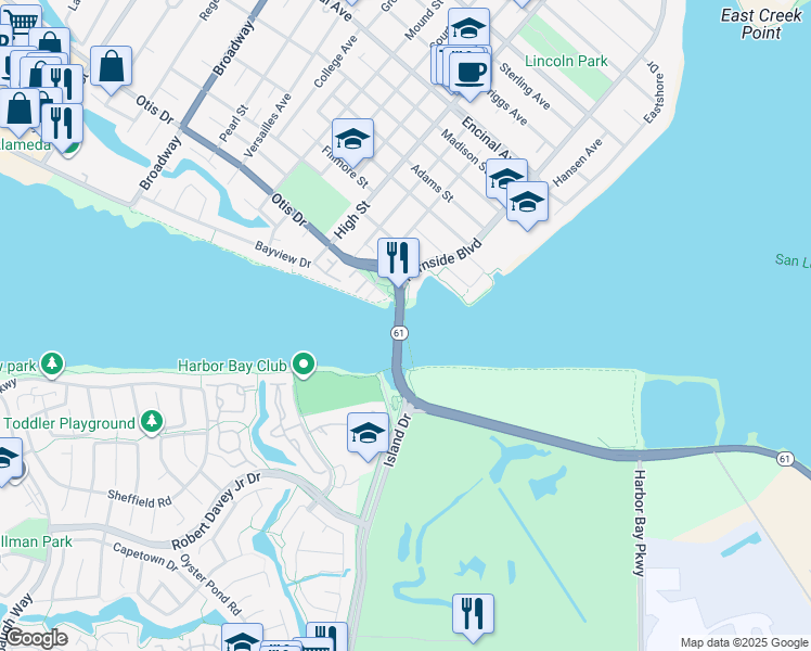 map of restaurants, bars, coffee shops, grocery stores, and more near Bay Farm Island Bicycle Bridge in Alameda