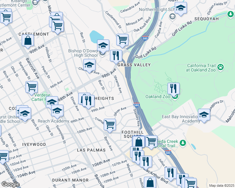map of restaurants, bars, coffee shops, grocery stores, and more near 9863 Stearns Avenue in Oakland
