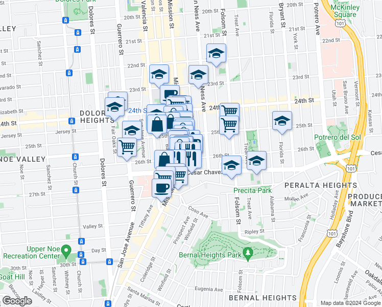 map of restaurants, bars, coffee shops, grocery stores, and more near in San Francisco