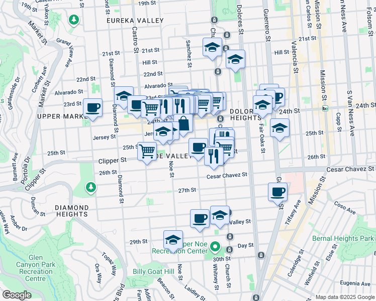 map of restaurants, bars, coffee shops, grocery stores, and more near 207 Clipper Street in San Francisco