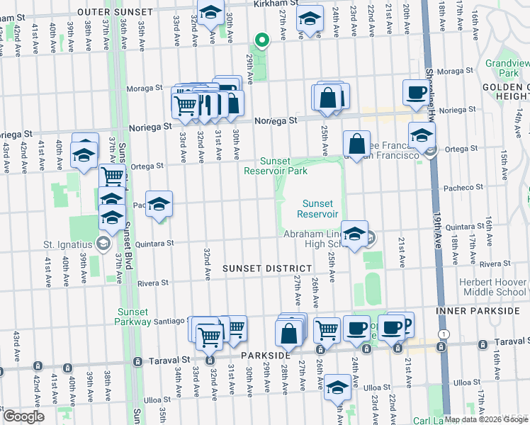 map of restaurants, bars, coffee shops, grocery stores, and more near 2055 29th Avenue in San Francisco