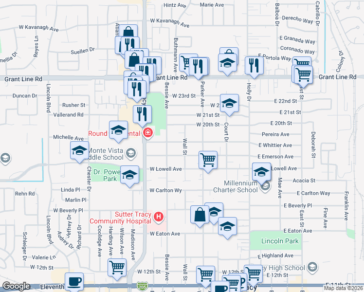 map of restaurants, bars, coffee shops, grocery stores, and more near 1823 Wall Street in Tracy