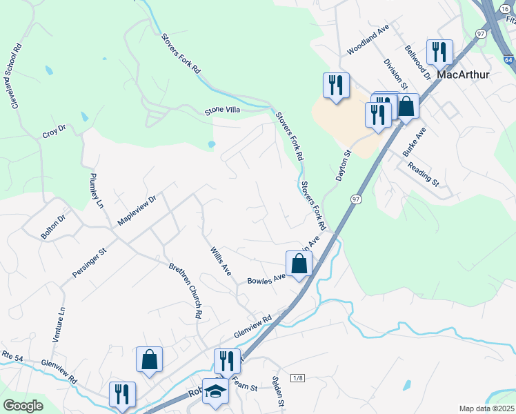 map of restaurants, bars, coffee shops, grocery stores, and more near 108 Boyd Lane in Beaver