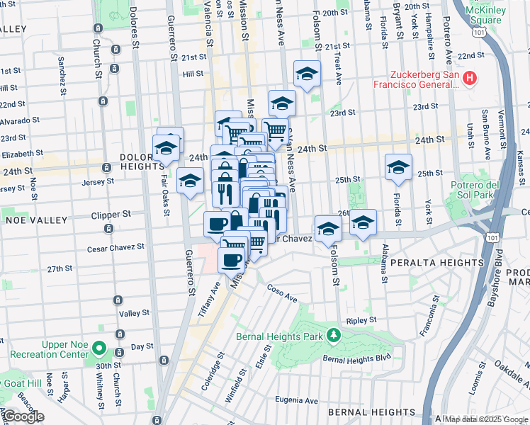 map of restaurants, bars, coffee shops, grocery stores, and more near 2985 Mission Street in San Francisco