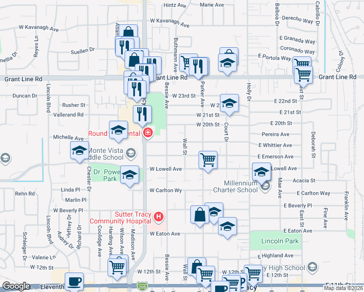 map of restaurants, bars, coffee shops, grocery stores, and more near 1823 Wall Street in Tracy