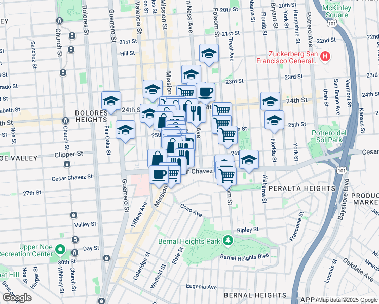 map of restaurants, bars, coffee shops, grocery stores, and more near 1085 Capp Street in San Francisco