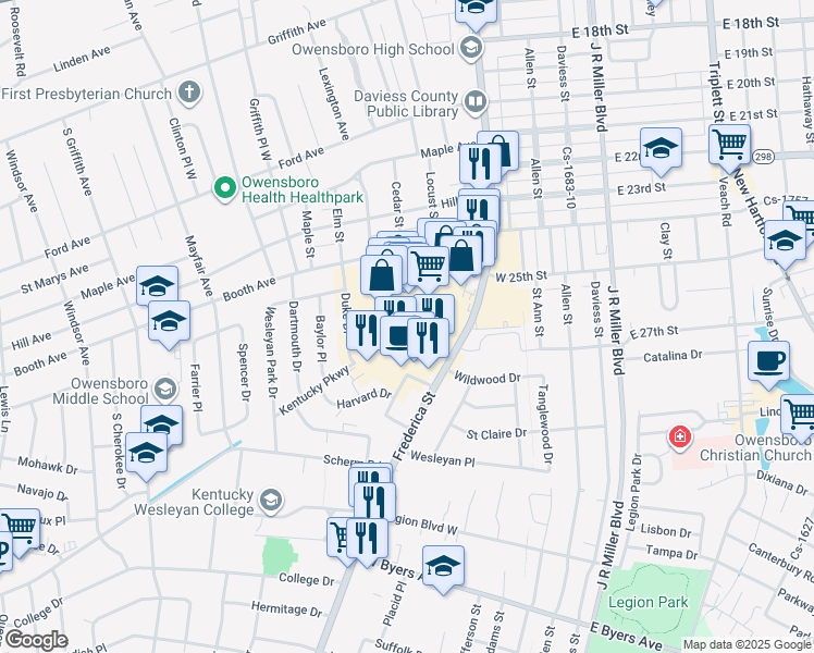 map of restaurants, bars, coffee shops, grocery stores, and more near 2630 Frederica Street in Owensboro