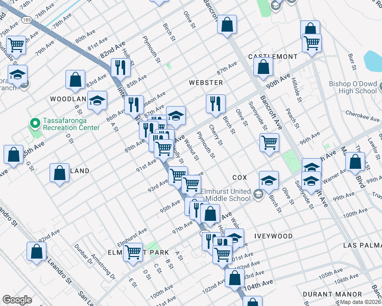map of restaurants, bars, coffee shops, grocery stores, and more near 9224 Holly Street in Oakland