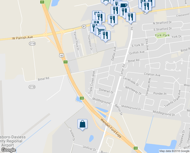 map of restaurants, bars, coffee shops, grocery stores, and more near 2229 Triple Crown Way in Owensboro