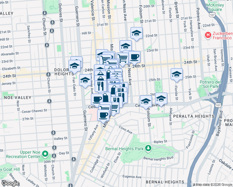 map of restaurants, bars, coffee shops, grocery stores, and more near 2985 Mission Street in San Francisco