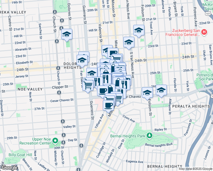 map of restaurants, bars, coffee shops, grocery stores, and more near 496 Bartlett Street in San Francisco
