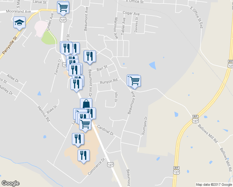 map of restaurants, bars, coffee shops, grocery stores, and more near 780 Allin Drive in Harrodsburg