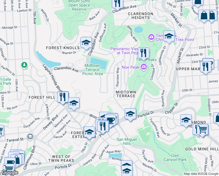 map of restaurants, bars, coffee shops, grocery stores, and more near 221 Panorama Drive in San Francisco