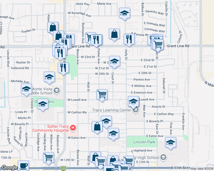 map of restaurants, bars, coffee shops, grocery stores, and more near 209 West Emerson Avenue in Tracy